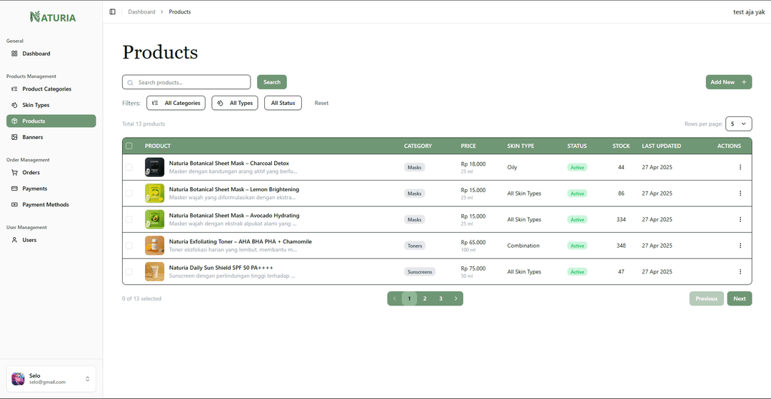 Aplikasi Web Admin E-commerce Naturia Preview